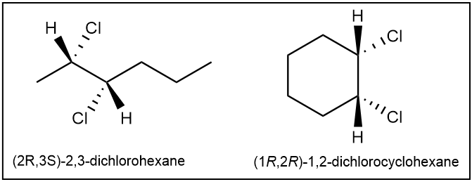 3D structures of (2R,3S)-2,3-dichlorohexane and (1R,2R)-1,2-dichlorocyclohexane.