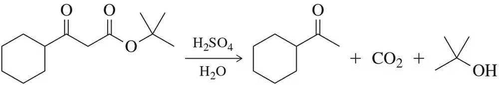 Chemical reaction diagram showing decarboxylation and hydrolysis, producing a ketone, carbon dioxide, and t-butanol.