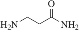 Chemical structure of a molecule with an amine group (H2N) and a carbonyl group (C=O) indicating potential reactions with a strong base.