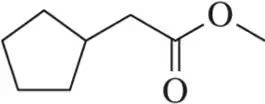 Chemical structure of ethyl pentanoate, showing a pentane ring connected to an ester group with an ethyl chain.