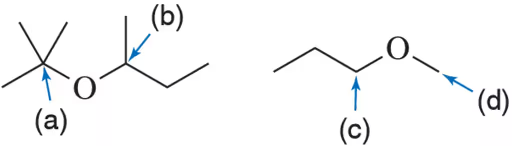 Image of two ether molecules with arrows pointing to carbon substitutions labeled (a), (b), (c), and (d).