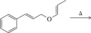 Chemical structure of allyl vinyl ether with an arrow indicating heat, suggesting a Claisen rearrangement reaction.