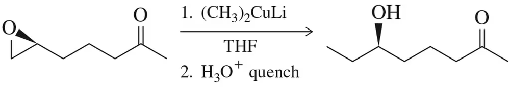 Chemical reaction showing cuprate converting epoxide to alcohol in THF, followed by H3O+ quench.