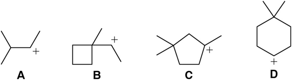 Four carbocation structures labeled A, B, C, and D, with plus signs indicating positive charges.