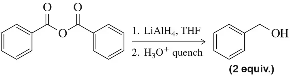 Mechanism showing lithium aluminum hydride reducing benzoic anhydride to a phenolic compound.
