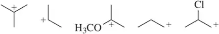 Illustration of various carbocations with positive charges, including a methoxy and a chloro group, for reactivity ranking.