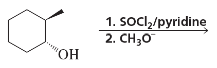 Chemical reaction diagram showing a hexagonal ring with an OH group, indicating substitution steps with reagents.
