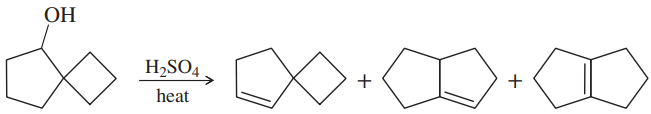 Chemical reaction diagram illustrating dehydration of an alcohol with sulfuric acid, producing multiple alkenes.