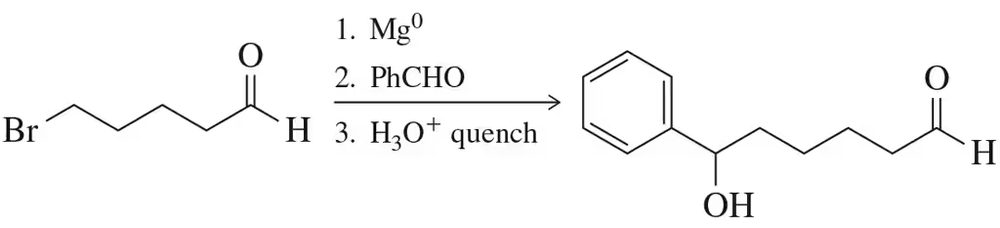 Chemical reaction diagram showing a failed Grignard reaction with brominated compound, magnesium, and phenyl aldehyde.