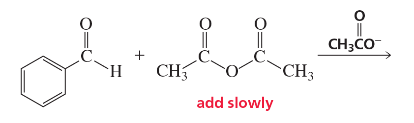 Chemical reaction diagram illustrating the Perkin condensation between an aromatic aldehyde and acetic anhydride.