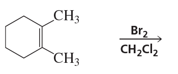 Chemical structure of a substituted benzene reacting with bromine in dichloromethane, indicating halogenation products.