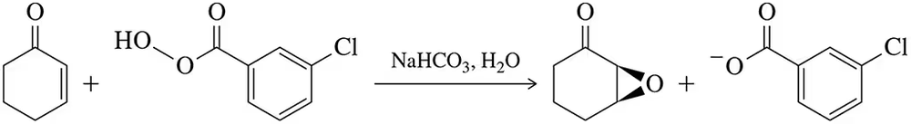 Chemical reaction diagram showing epoxidation of alkenes with mCPBA under basic conditions, illustrating reactants and products.