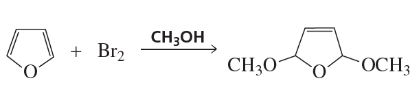 Chemical reaction showing the addition of Br2 to a compound in methanol, resulting in a product with two methoxy groups.