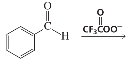 Chemical reaction diagram showing a benzaldehyde structure and its conversion to a carboxylate ion, indicating oxidation.