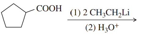 Chemical structure of a cyclopentane carboxylic acid with reaction conditions for organometallic reagents and water.