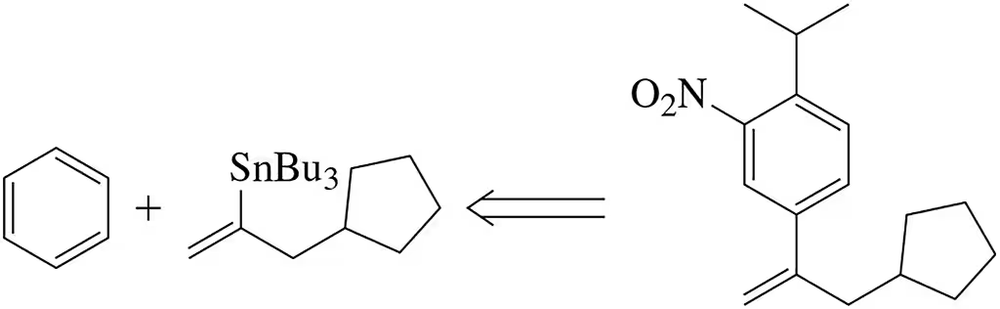 Chemical reaction diagram showing reactants on the left and product on the right, with a tin compound and a nitro group.