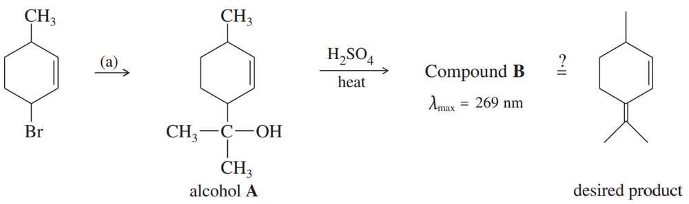 Chemical reaction diagram showing the conversion of 3-bromo-6-methylcyclohexene to alcohol A and subsequent steps to obtain compound B.