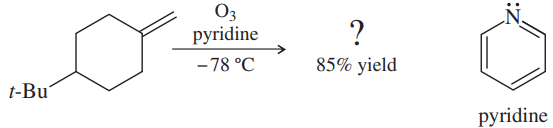 Chemical reaction diagram showing ozonolysis of t-butyl compound with pyridine, yielding products at -78°C with 85% yield.