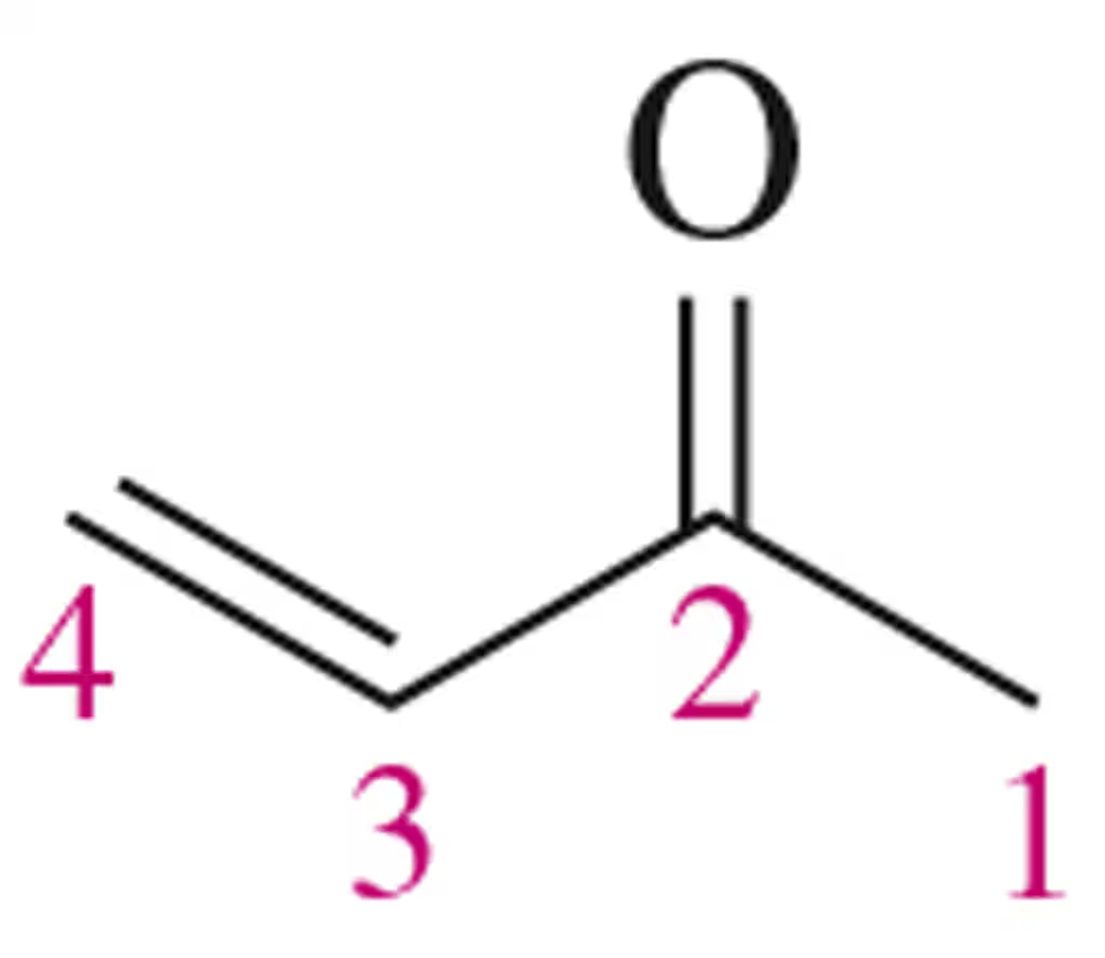 Chemical structure of an α,β-unsaturated ketone with numbered carbon atoms 1 to 4, highlighting electrophilic site at C4.