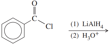 Chemical reaction diagram showing a carbonyl compound with a chlorine atom, and reduction steps using LiAlH4 and H3O+.