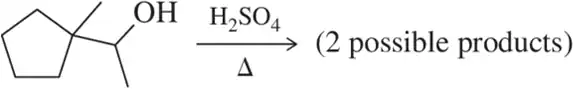 Chemical structure showing a dehydration reaction with an alcohol, sulfuric acid, and two possible products indicated.