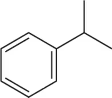 Chemical structure of isopropylbenzene, showing a benzene ring with an isopropyl group attached.