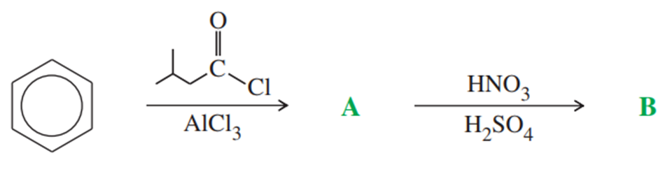 Chemical reaction diagram showing the transformation from a benzene ring to compound A, followed by nitration to compound B.