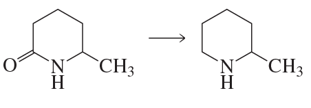 Chemical reaction showing the reduction of an amine compound, transforming an oxygen-containing structure to a nitrogen structure.