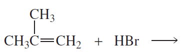 Chemical reaction showing the addition of HBr to an alkene, with reactants and a reaction arrow indicating product formation.