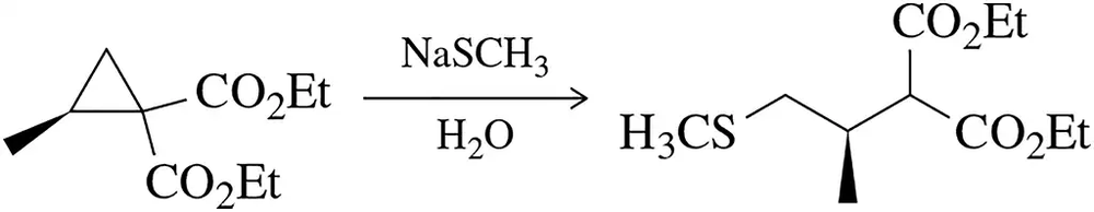 Chemical reaction diagram showing the transformation of a cyclopropane derivative with ethyl groups and sodium methylthio in water.