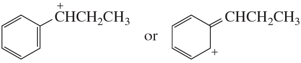 Two resonance structures of a molecule with a positive charge, showing different arrangements of bonds and atoms.