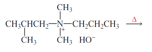 Chemical structure of an amine with a heat symbol indicating a reaction, showing reactants and a hydroxide ion.