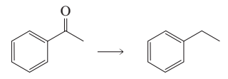 Chemical reaction diagram showing the transformation of a ketone to an aromatic compound with a double bond.