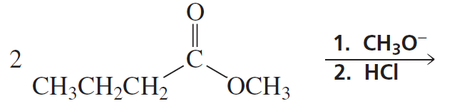 Chemical structure showing a carbonyl group with two alkyl groups and reaction conditions for Claisen condensation.
