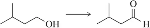 Chemical reaction: isopropanol oxidized to acetone, showing structural formulas with an arrow indicating transformation.