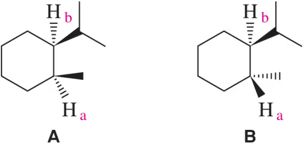Chair conformations of two isomers with labeled hydrogen atoms Ha and Hb for NMR coupling constant analysis.