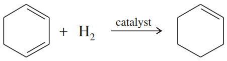 Chemical reaction diagram showing benzene reacting with hydrogen in the presence of a catalyst to form cyclohexane.