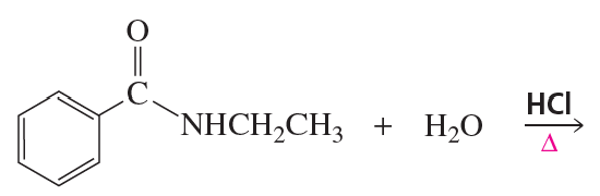 Chemical structure showing a benzene ring with an amide group, water, and hydrochloric acid for hydrolysis reactions.