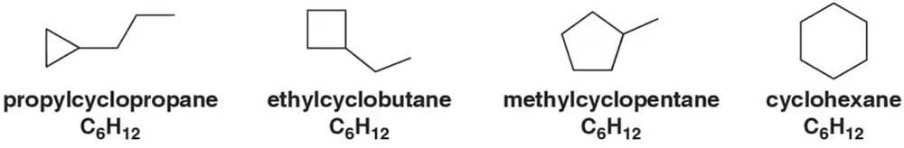 Structures of four C6H12 constitutional isomers: propylcyclopropane, ethylcyclobutane, methylcyclopentane, and cyclohexane.