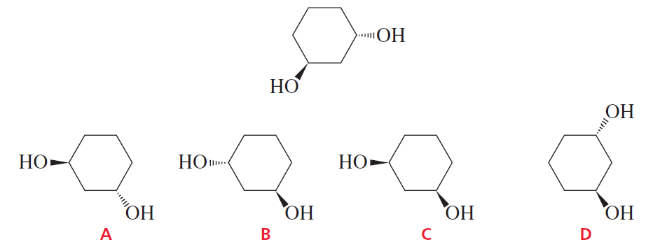 Structures A, B, C, and D are compared to the top structure, indicating their relationships as enantiomers or diastereomers.