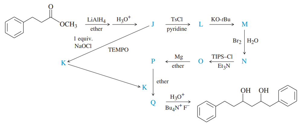 Synthesis pathway diagram showing intermediates labeled A to Q in the oxidation of alcohols and carbonyl compounds.