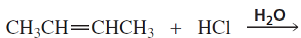 Chemical reaction showing an alkene reacting with HCl and water, indicating the formation of a major product.