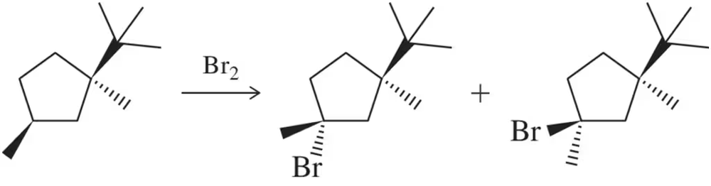 Chemical reaction showing bromination of 1-tert-butyl-1,3-dimethylcyclopentane, producing two stereoisomers.