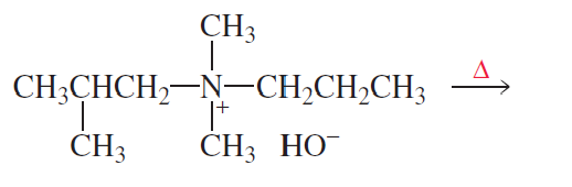 Chemical structure of an amine undergoing Hofmann elimination, showing reactants and heat symbol for reaction conditions.