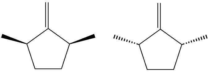 Two cyclopentene molecules with double bonds and substituents shown in wedge and dash notation for stereochemistry.