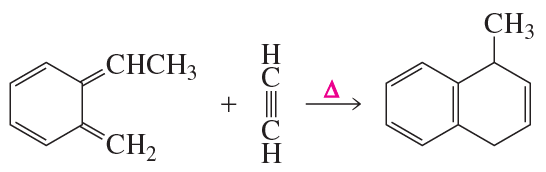 Chemical structures illustrating a pericyclic reaction with reactants and products labeled, including a heat symbol.