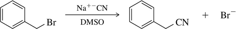 Chemical reaction diagram showing an SN2 reaction with sodium cyanide in DMSO, converting bromobenzene to benzonitrile.