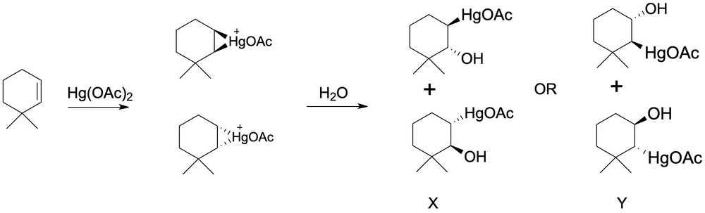 Reaction scheme showing mercurinium ion formation and products X and Y in organic chemistry.