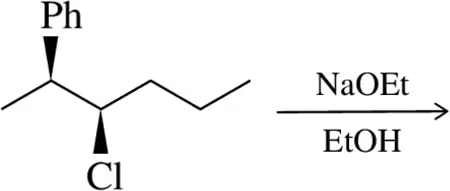 Chemical structure showing a phenyl group, a chlorine atom, and a reaction arrow indicating elimination with sodium ethoxide in ethanol.