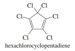 Chemical structure of hexachlorocyclopentadiene, showing six chlorine atoms attached to a five-membered carbon ring.